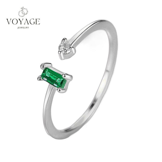 טבעת סילבר סטרלינג 925 טבעת פתוחה מתכווננת עם אבן חן זירקון בצבע ירוק